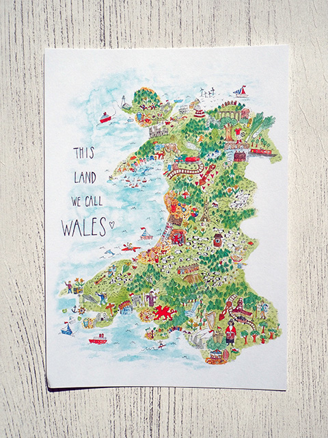 Map postcard showing Wales by Sophia Shaw.