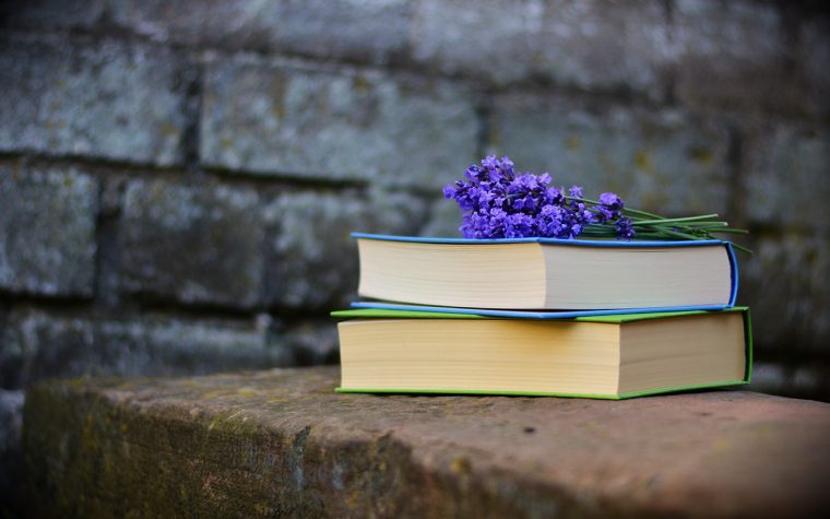 Two books with flowers on top.