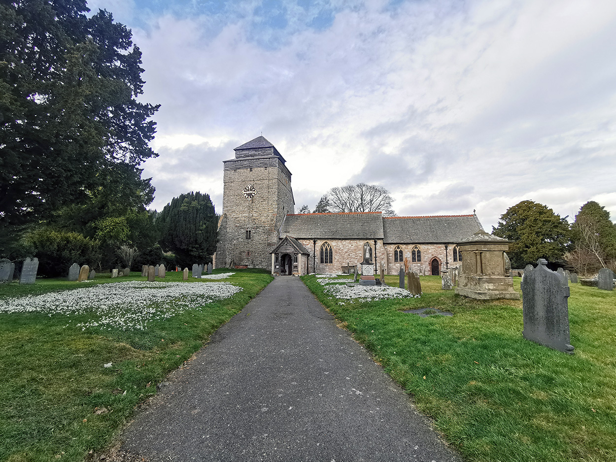 A village church surrounded by gravestones and snowdrops.