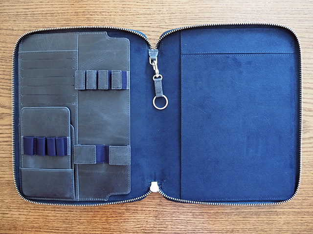 Inside the Leather Zippered Extra Large Folio in Crazy Horse Navy Blue.