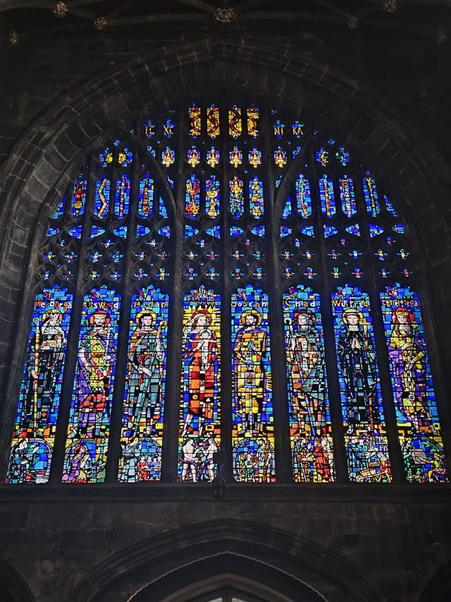 A stained glass window at Chester Cathedral.