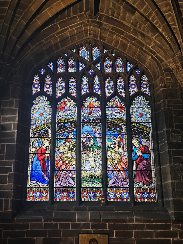 A stained glass window at Chester Cathedral.