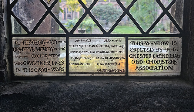 A stained glass memorial dedicated to ex-Choristers who gave their lives in the Great Wars.