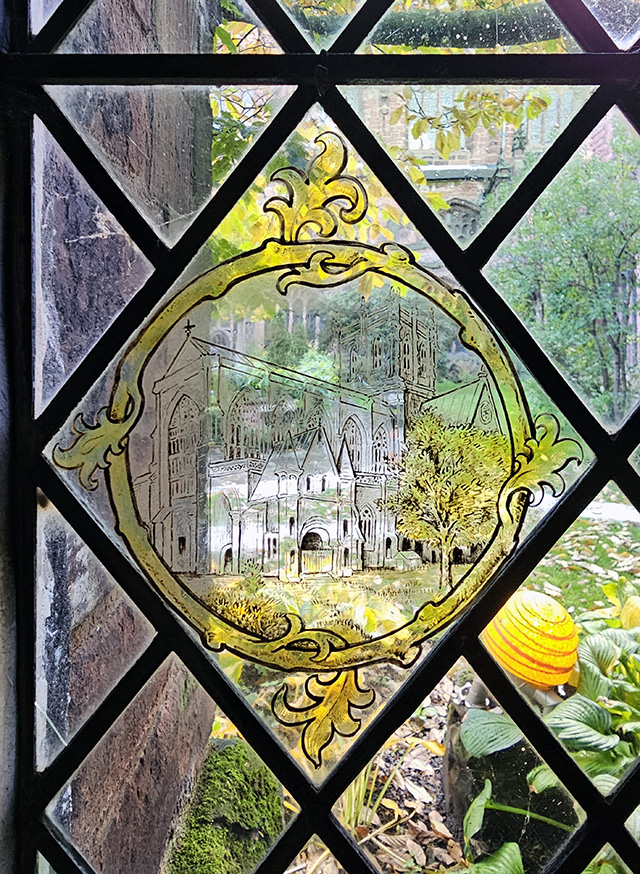 A small stained glass picture of Chester Cathedral.